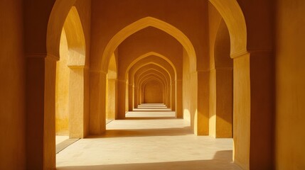 Serene Archway Hallway with Golden Walls and Soft Shadows