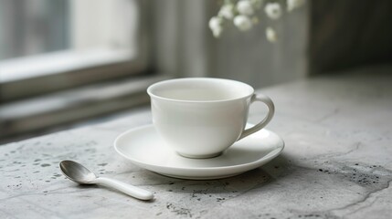 Fototapeta premium A delicate white porcelain teacup and saucer with a small spoon beside it.