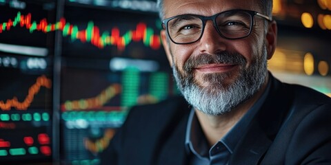 Man in business suit smiling at the camera with financial charts in the background.