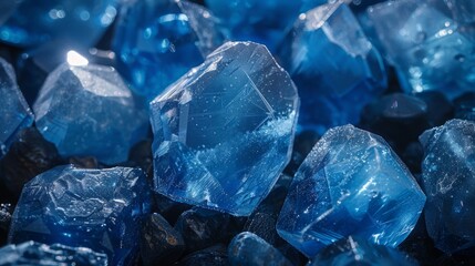 Obraz premium Stunning blue gemstones scattered on a dark surface, reflecting light beautifully in a close-up view