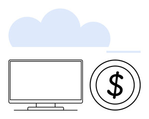 Monitor, dollar sign coin, and cloud icon. Ideal for tech economy, cloud services, finance management, cost analysis, online banking digital business IT solutions. Line metaphor