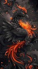 Fierce phoenix rising from the ashes in a dynamic display of fiery orange and black hues against a dark backdrop