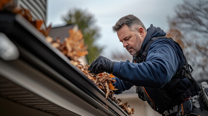 Worker cleaning gutter full of leaves doing spring cleaning.