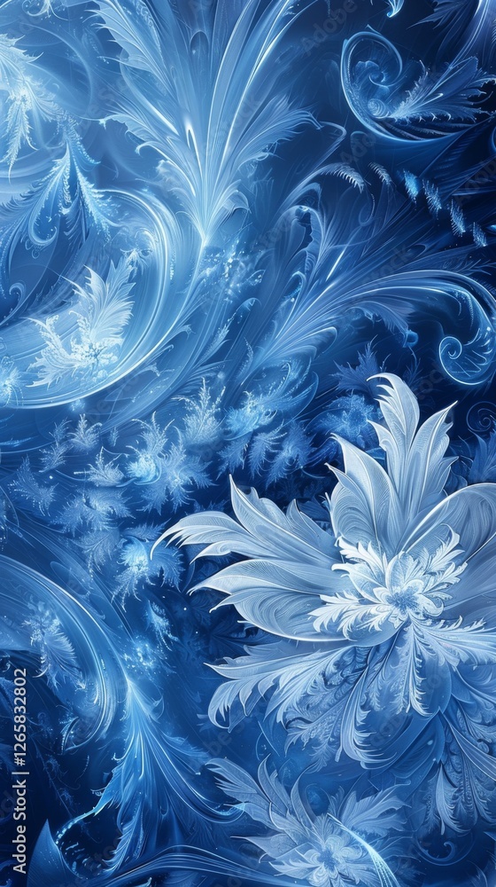 Poster elegant blue fractal design with intricate patterns and delicate floral shapes on a deep blue backgr