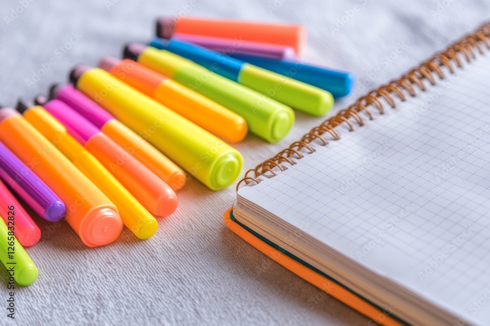 Aufkleber bright highlighters in vibrant colors are arranged in a fan shape beside an open bullet journal on a