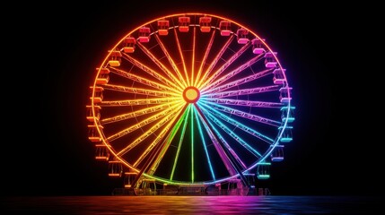 Colorful Neon Ferris Wheel Against Dark Background at Night