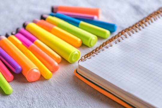 Bright highlighters in vibrant colors are arranged in a fan shape beside an open bullet journal on a soft surface, creating a creative workspace. The journal is ready for brainstorming and notes