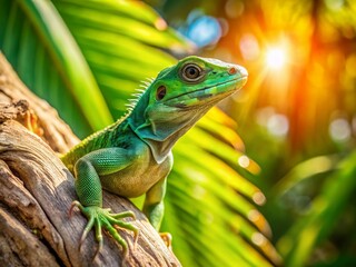 Fototapeta premium Green Anole Lizard on Palm Tree Trunk, Tropical Nature Stock Photo
