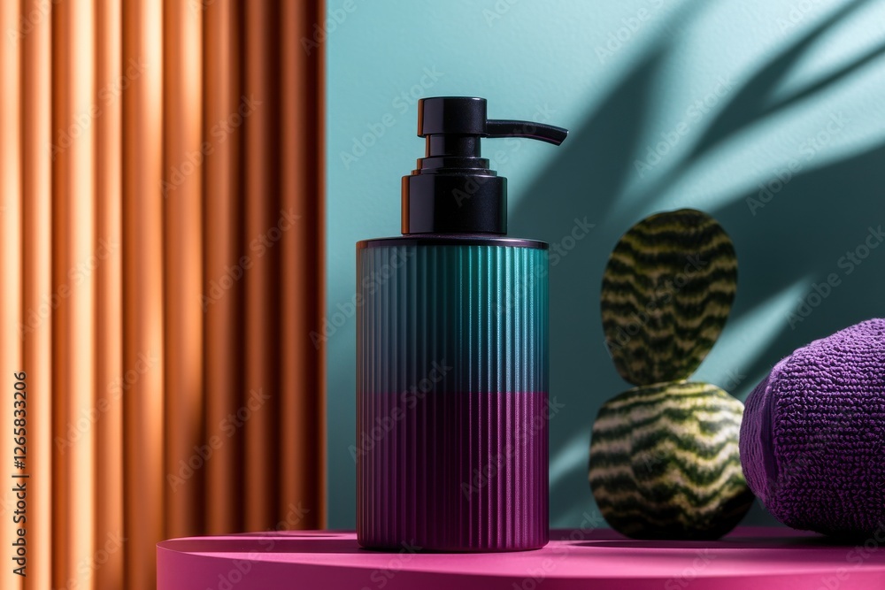 Poster modern pump bottle displayed on a vibrant table with decorative items in a stylish interior setting