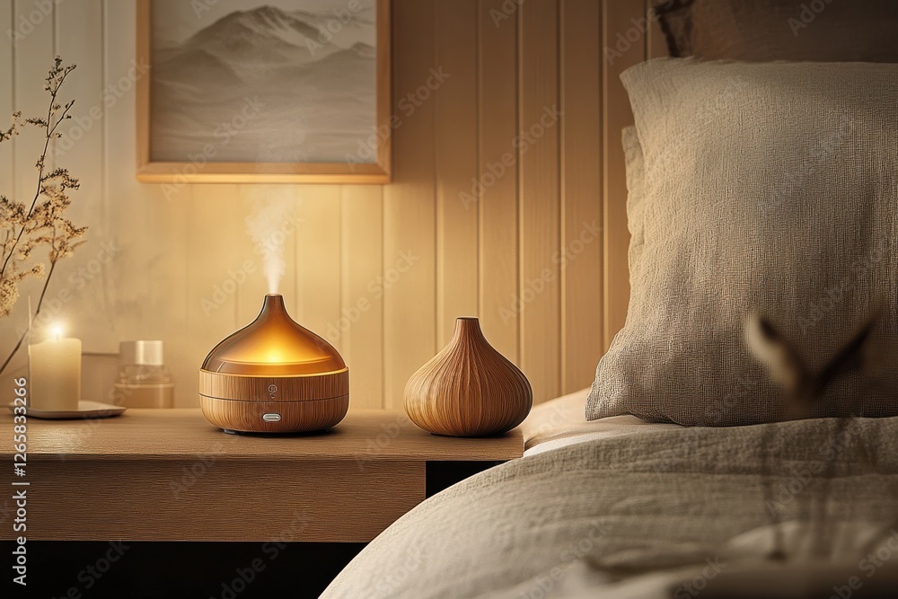 Poster Cozy bedroom with essential oil diffuser and candle creating a relaxing atmosphere during evening hours
