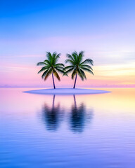 Two palm trees on island in ocean at sunrise reflecting in water for travel