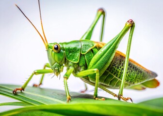 Fototapeta premium Green Bush-Cricket (Tettigonia viridissima) on White Background - Macro Insect Photography