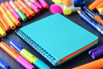 Fototapeta premium A bullet journal lies open, displaying unique layouts as bright markers and pens scatter around, showcasing a creative workspace filled with inspiration and color. With copy space for text