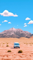 Obraz premium Van parked near desert mountain. Sunny skies and small shrubs in background