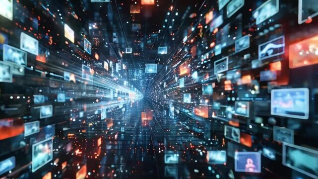 Digital contents concept. Moving stream of digital information. Social Media networking service. Many Screens view. Streaming video. Smartphone in 3D Cyberspace Media, Does e-Commerce
