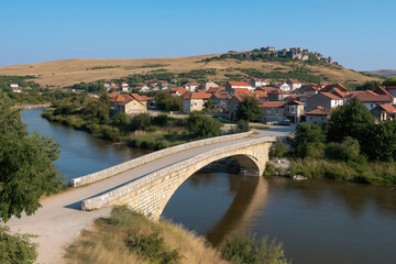 Naklejka premium Scenic view of a historic stone bridge over a river in a rural village landscape