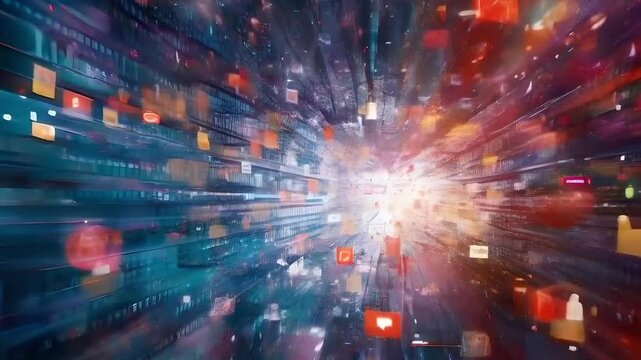 Digital contents concept. Moving stream of digital information. Social Media networking service. Many Screens view. Streaming video. Smartphone in 3D Cyberspace Media, Does e-Commerce4