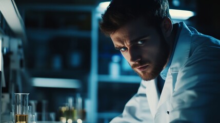 Focused male scientist in lab coat embodies dedication to scientific discovery.