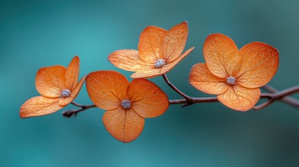 Delicate orange flowers on branch, teal background, nature close-up