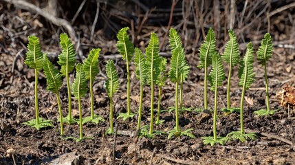 Fototapeta premium New fern sprouts after wildfire in forest floor