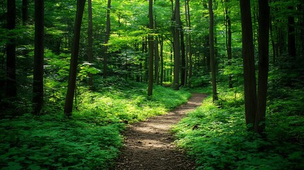 Obraz premium Sunlit Path Through Lush Green Forest Canopy