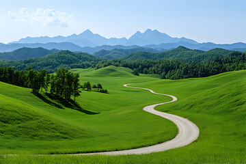 Obraz premium Winding road through lush green hills with mountains in the distance, for travel