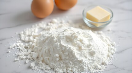 flour, eggs, and butter are artfully arranged for bread making on white marble countertop