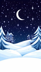 Winter snow landscape illustration at night with moon and stars, festive season card