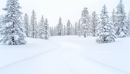 Winter path curves through snow-covered woods; a serene landscape for holiday cards