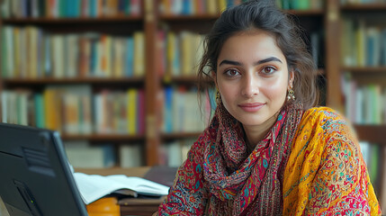 Portrait of young woman in library setting with bookshelves in background is wearing colorful clothing