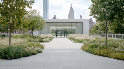 Obraz premium Modern park pavilion in city, NYC view, calm, spacious