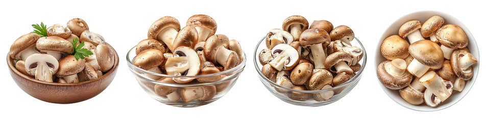 Bowls with fresh champignons collection isolated on transparent background