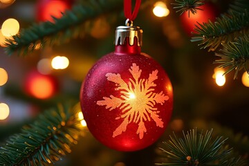 Festive Red Christmas Ornament with Snowflake Design on Christmas Tree