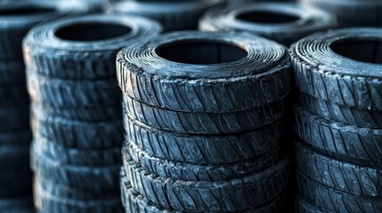 Obraz premium Stacked Black Rubber Tires Close-Up in a Warehouse Setting
