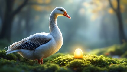 Obraz premium Goose with Golden Egg in a Misty Forest Glade Scene