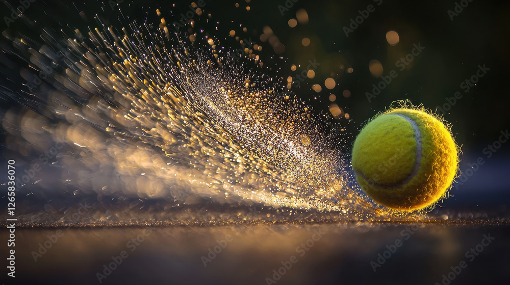 Poster tennis ball collides with racket strings in dynamic macro shot showcasing motion