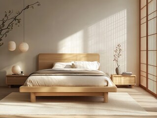 Serene bedroom features a wooden bed and natural light
