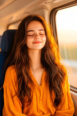Woman relaxing on train, sunset view