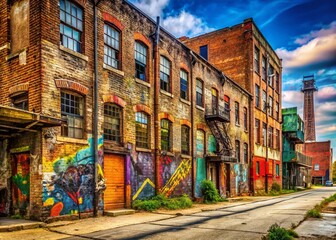 Fototapeta premium Gritty Industrial Neighborhood Graffiti Art Urban Decay Horizontal Banner Stock Photo