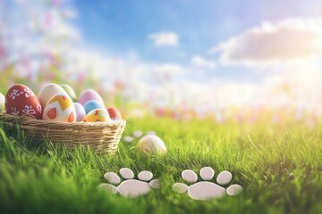 Fototapeta premium Bunny paw prints traverse a vibrant grassy field, guiding the viewer to a delightful hidden basket filled with colorful Easter eggs under a bright sky. With copy space for text