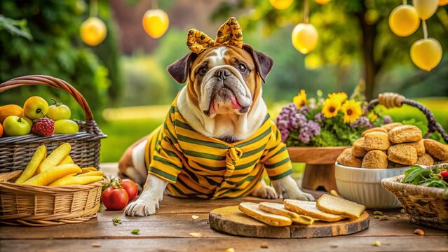Grumpy Bulldog in Bee Costume, Funny Pet Photo, Food Photography