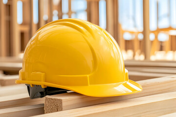 Yellow hard hat on lumber at a construction site. Safety concept, for builders