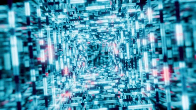Loop 3d scifi tunnel of glowing digital data, showcasing vibrant blue and red lights. Perfect for technology, innovation, and futuristic themes in presentations, marketing and green energy projects.
