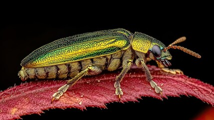 Fototapeta premium Detailed macro shot of a colorful beetle on a red leaf against a black background