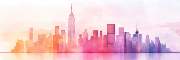 Artistic watercolor painting of the new york city skyline reflecting on water, featuring vibrant and colorful brushstrokes