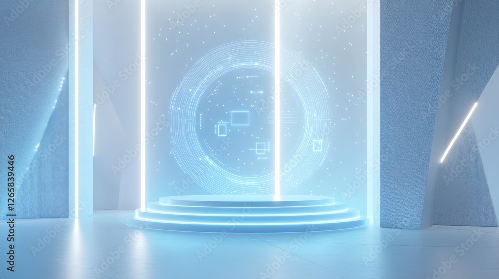Aufkleber futuristic product display platform with digital interface elements