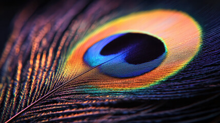 Fototapeta premium Close-up view of a vibrant peacock feather showcasing intricate patterns and colors