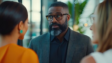 A team of diverse coworkers engaged in a lively discussion in a modern conference room with glass walls.