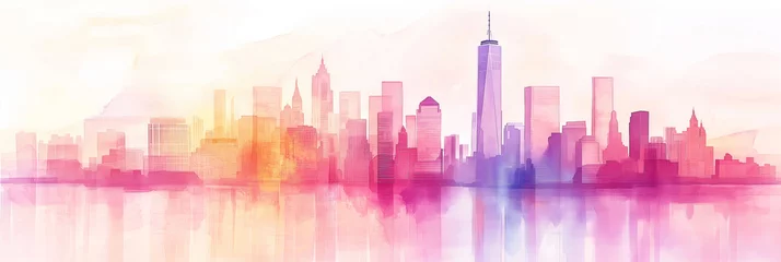 Fotobehang Aquarelschilderij wolkenkrabber Artistic watercolor painting of the new york city skyline reflecting on water, featuring vibrant and colorful brushstrokes  © Aquir