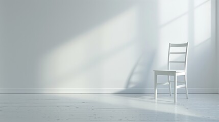 A solitary white dining chair resting on a pristine white floor.